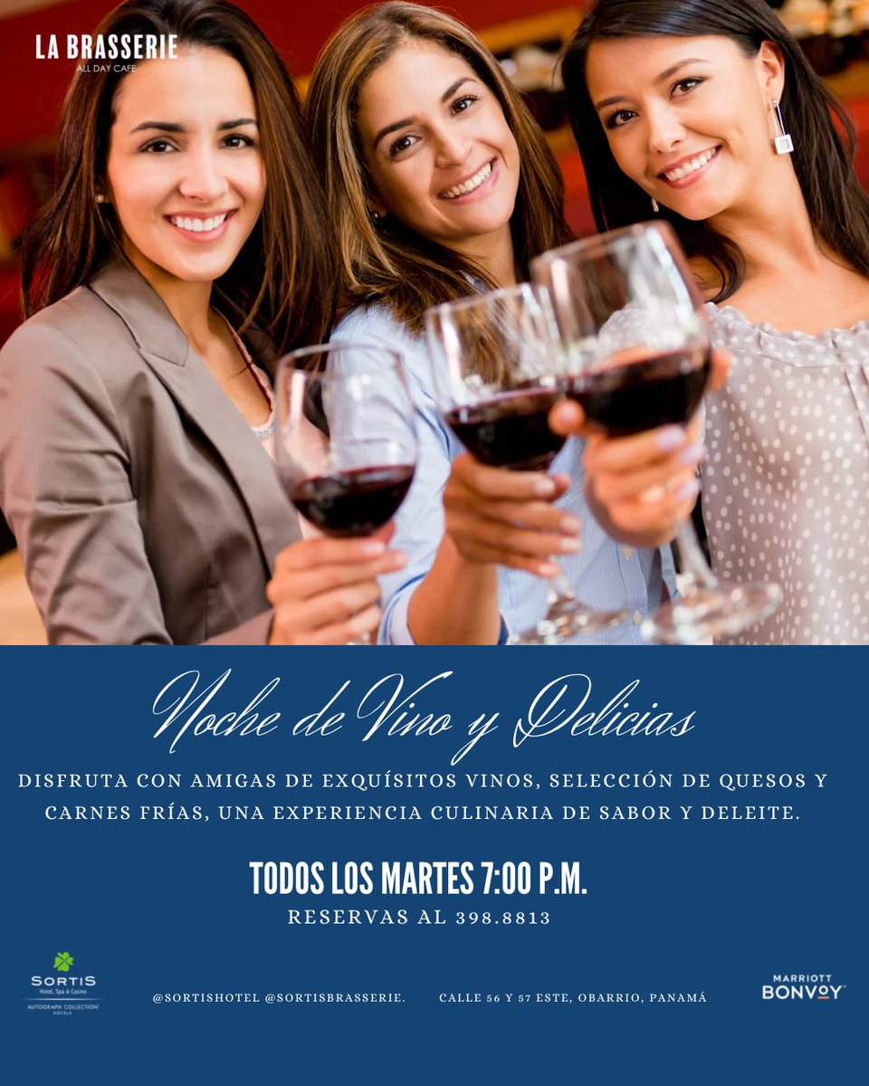 Agosto de Experiencias, ven a disfrutar de nuestras promociones en el Restaurante La Brasserie. 

🍷 Noche de vino y delicias 
🖌️ Pinceladas y vino
🍹2x1 en margaritas de sandia y/o mango 
🍽️ Semana panameña

Realiza tu reserva al: 👇🏻
📞398.8813
📧 restaurantes@sortishotel.com