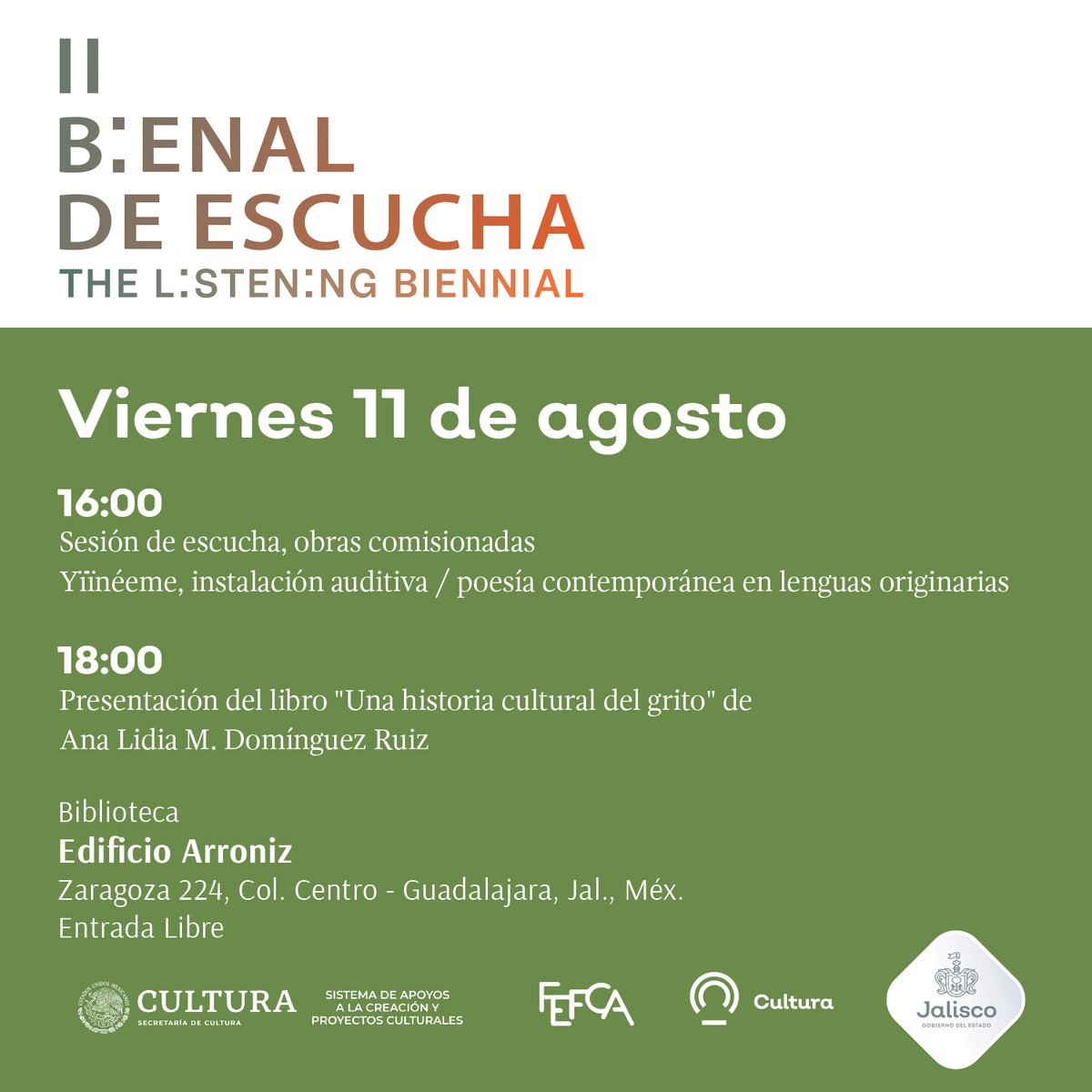 Este viernes 11 de agosto a las 18:00 se presentará el libro UNA HISTORIA CULTURAL DEL GRITO de Ana Lidia M. Domínguez Ruiz en la II Bienal de Escucha. Entre las 16:00 y las 18:00 podrán escuchar las obras comisionadas. Les esperamos en Edificio Arroniz, sede de <a href="/CulturaJalisco/">Cultura Jalisco</a>.