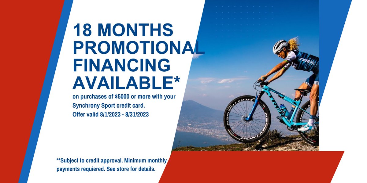 Now offering  18 months promotional financing on purchases for $5000 or more with your Synchrony Sport card. Check stores for details. Offer ends 8/31/23
#financing
#trekbicyclergv
#trekbicyclemission
#newbikeisthebestday
