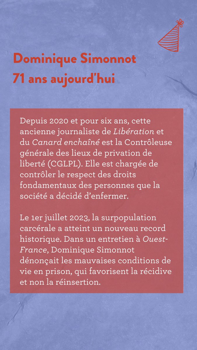Lesjoursfr's tweet photo. Joyeux anniversaire à Dominique Simonnot, personnage que vous pouvez retrouver dans notre série «Dans les prisons de France», où nous enquêtions en 2022 sur les violences quotidiennes, sordides, impunies que subissent les personnes privées de liberté. https://t.co/nDMfc3sxsL https://t.co/uQenniynYC