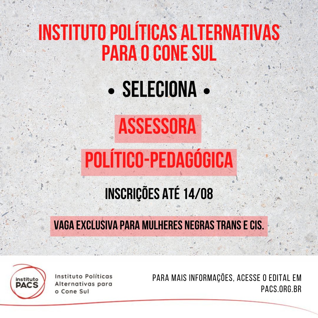 Vem trabalhar com a gente! Estamos selecionando mais uma pessoa para nossa equipe político-pedagógica.🏳️‍🌈 Atenção: vaga exclusiva para mulheres negras trans e cis. Acesse o edital no nosso site: pacs.org.br/noticia/instit…