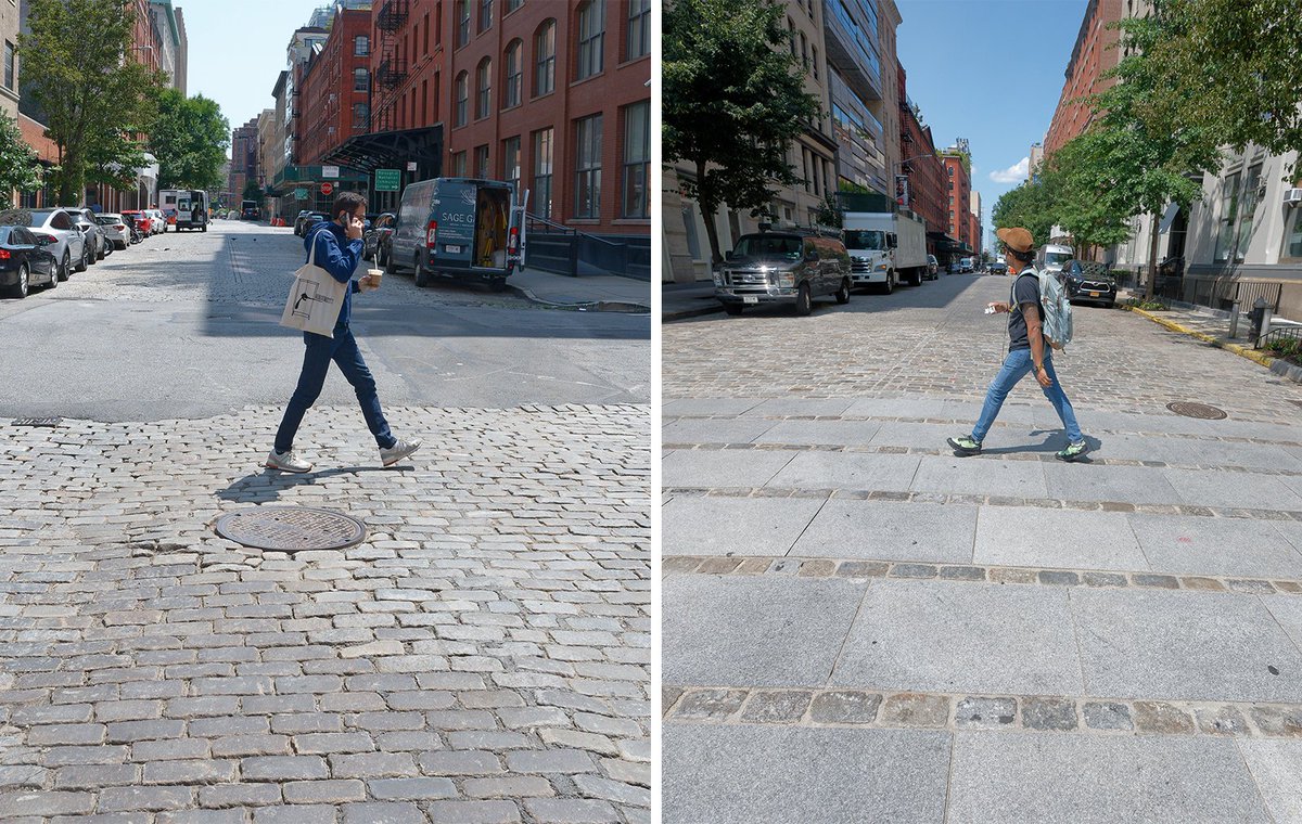At Tribeca's ankle-twisting cobblestone crosswalks, <a href="/NYC_DOT/">NYC DOT</a> is paving the way for smoother passage. shorturl.at/ijEF3