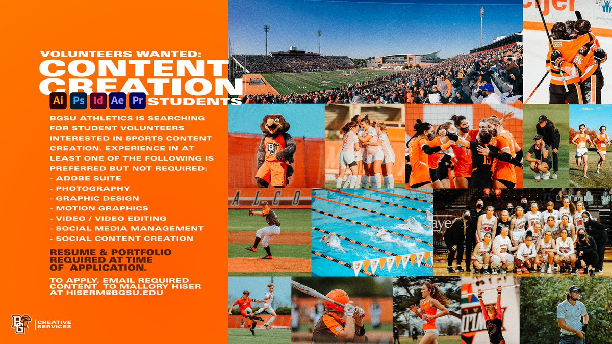 We're looking to add passionate <a href="/bgsu/">Bowling Green State University</a> students to our team!  You don't need to be a pro or want to be in sports, we just want to help you grow! 

Interest in: 
-Photography 
-Video 
-Social Media  
-Graphic Design     

Email me: hiserm@bgsu.edu about interest!