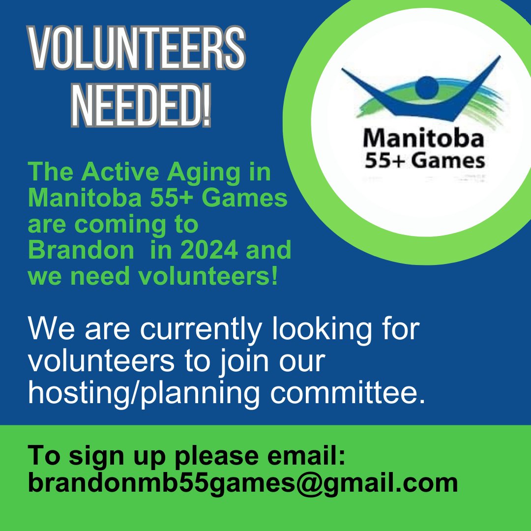 Brandon55Games's tweet photo. The @AAIMMB 55+ Games are returning to Brandon June 18-20, 2024, and weβre looking for volunteers to join our hosting/planning committee!
If youβd like to join our team, please send an email to brandonmb55games@gmail.com. Thanks!
#55plusgames #activeaging #volunteer https://t.co/n0dE53m9Wc