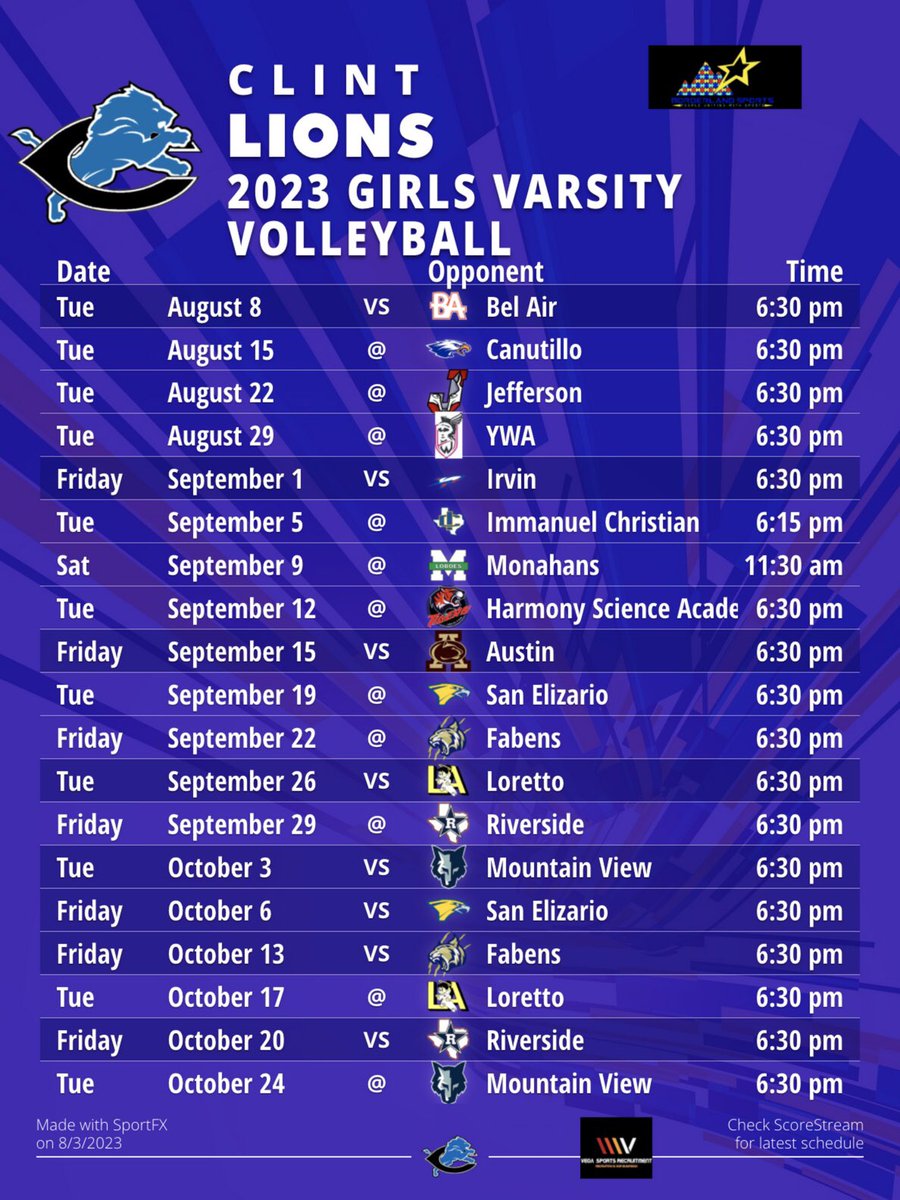 EPSports915's tweet photo. 2023 EP Area #TXHSVB 🏐 Schedules 👀🔥

✨ District 2-4A (1 of 2)

🔘 Clint HS
└🔘@ClintHS_VB 
🔘 Fabens HS
└🔘@Fabensvb21 
🔘 Mountain View HS
└🔘@VolleyballMvhs 
🔘 Riverside HS 
└🔘@RiversideVB1 

* Tourneys Not Included 

#BorderlandSports #VSR https://t.co/nVuDsaWckt