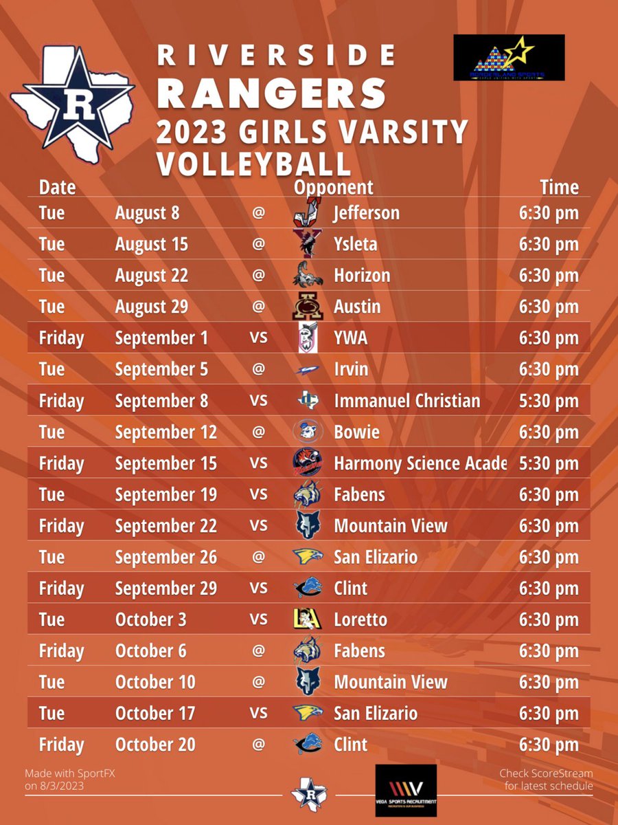EPSports915's tweet photo. 2023 EP Area #TXHSVB 🏐 Schedules 👀🔥

✨ District 2-4A (1 of 2)

🔘 Clint HS
└🔘@ClintHS_VB 
🔘 Fabens HS
└🔘@Fabensvb21 
🔘 Mountain View HS
└🔘@VolleyballMvhs 
🔘 Riverside HS 
└🔘@RiversideVB1 

* Tourneys Not Included 

#BorderlandSports #VSR https://t.co/nVuDsaWckt