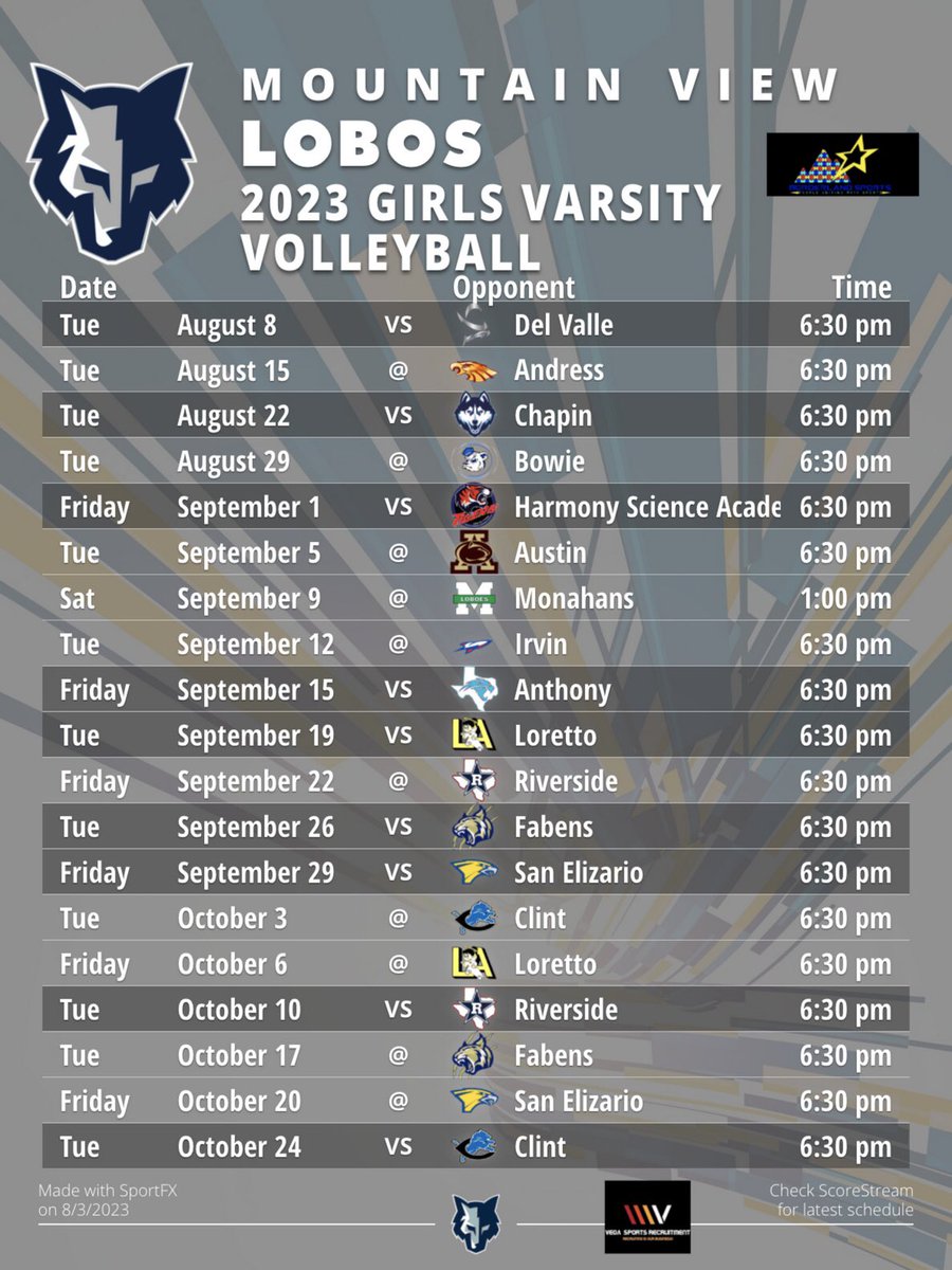 EPSports915's tweet photo. 2023 EP Area #TXHSVB 🏐 Schedules 👀🔥

✨ District 2-4A (1 of 2)

🔘 Clint HS
└🔘@ClintHS_VB 
🔘 Fabens HS
└🔘@Fabensvb21 
🔘 Mountain View HS
└🔘@VolleyballMvhs 
🔘 Riverside HS 
└🔘@RiversideVB1 

* Tourneys Not Included 

#BorderlandSports #VSR https://t.co/nVuDsaWckt