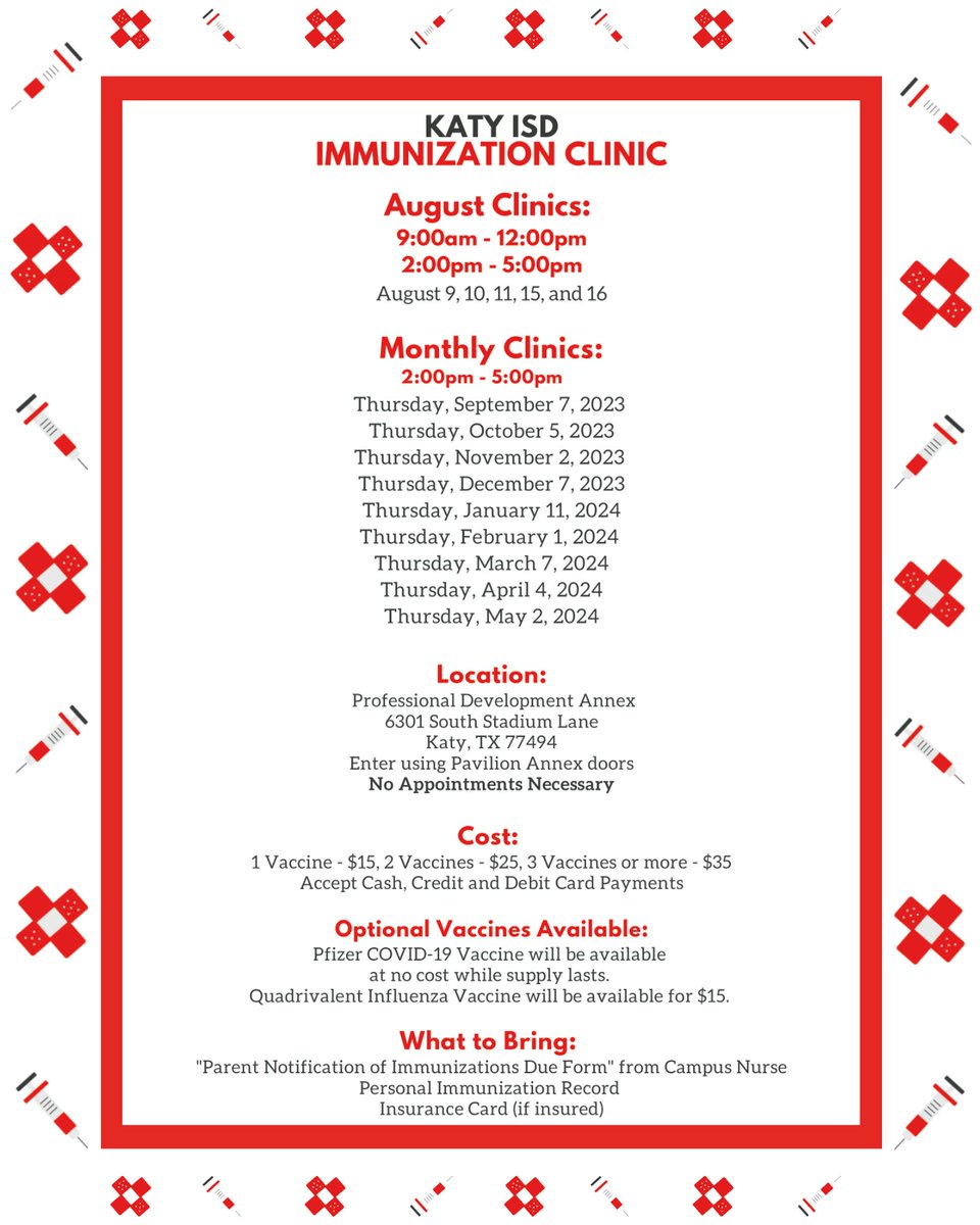Katy ISD follows the Texas Department of State Health Services recommendation for immunization compliance in order for a student to attend school. For a list of local immunization clinics and opportunities, visit our website: bit.ly/440dcZI