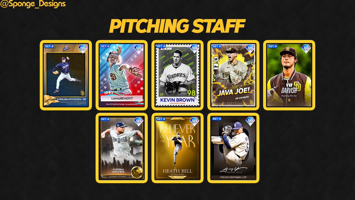 Spongey_Designs's tweet photo. One of my biggest projects yet: the San Diego Padres All-Time Team!!

From brown and gold to blue and white and back again, these are 21 of the greatest players to ever don the interlocking SD. 

(Credit to @PaulyDSwag for the All-Star LaMarr Hoyt card!!) 

#MLBTheShow
#MLB https://t.co/hKY2JnfknT