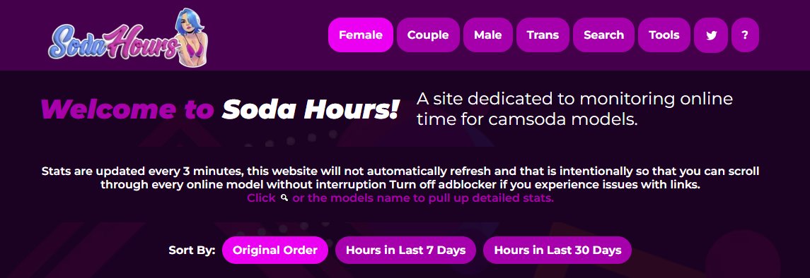 Announcing the new camsoda version of cbhours/striphours sodahours.com this will be a light version of cbhours similar to striphours. Please consider this a beta and report any issues you find.