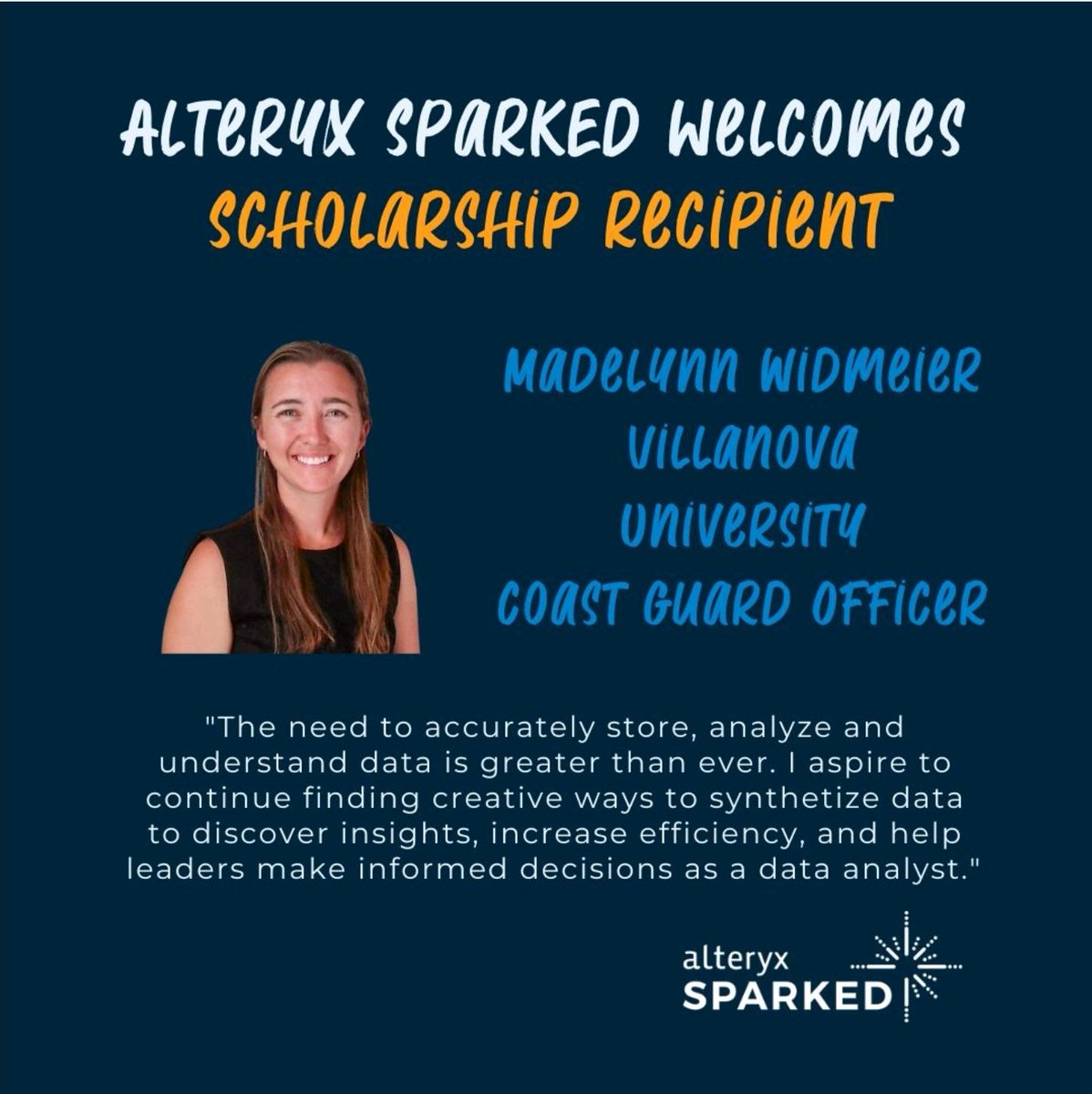 JayGarciaUSMC's tweet image. Happy Birthday to the @USCG! We would like to extend a warm welcome and congratulations to U.S. Coast Guard Search and Rescue Duty Officer Madelynn Widmeier, who has been selected as a recipient of the #AlteryxSparkED Scholarship. Semper Paratus!