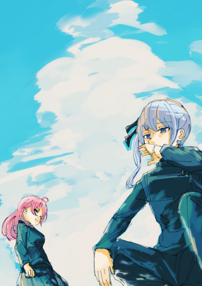 hoshimachi suisei ,sakura miko multiple girls 2girls pink hair blue hair blue eyes sky cloud  illustration images