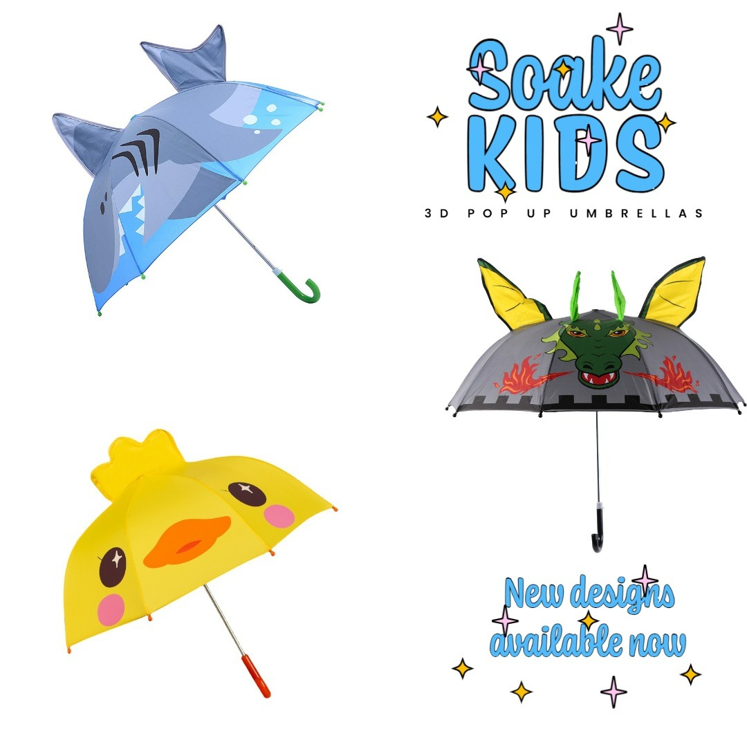 New additions to our Soake Kids 3D umbrellas. The Shark, Duck and Dragon are here and available now to order.