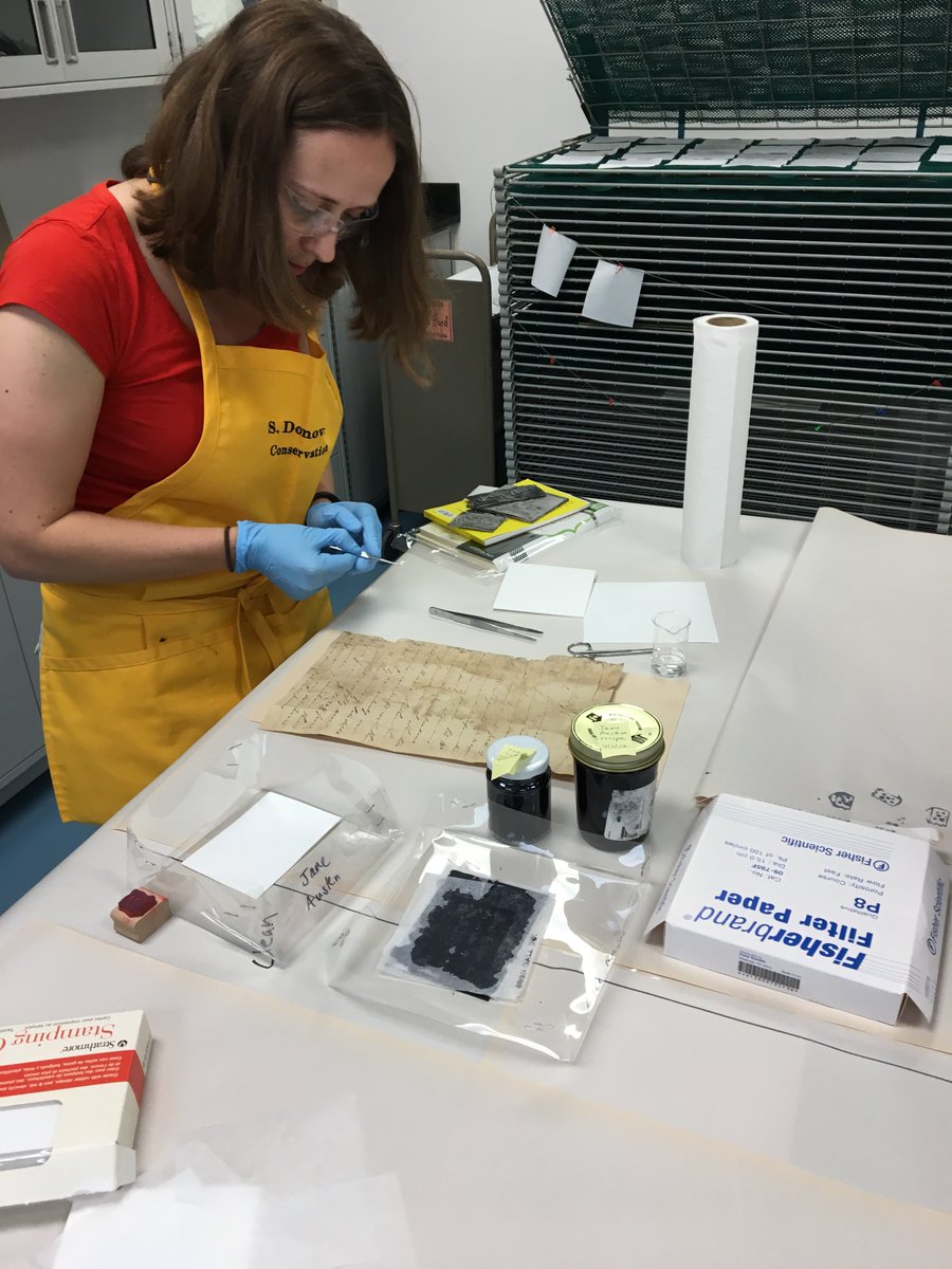 Science in the archives can bring together many different interests & projects. Here Conservator Sue Donovan performs iron gall ink testing with test paper and ink made in the lab. This helps gauge the degree of deterioration & treatment outcomes of a document!

#ArchivesScience