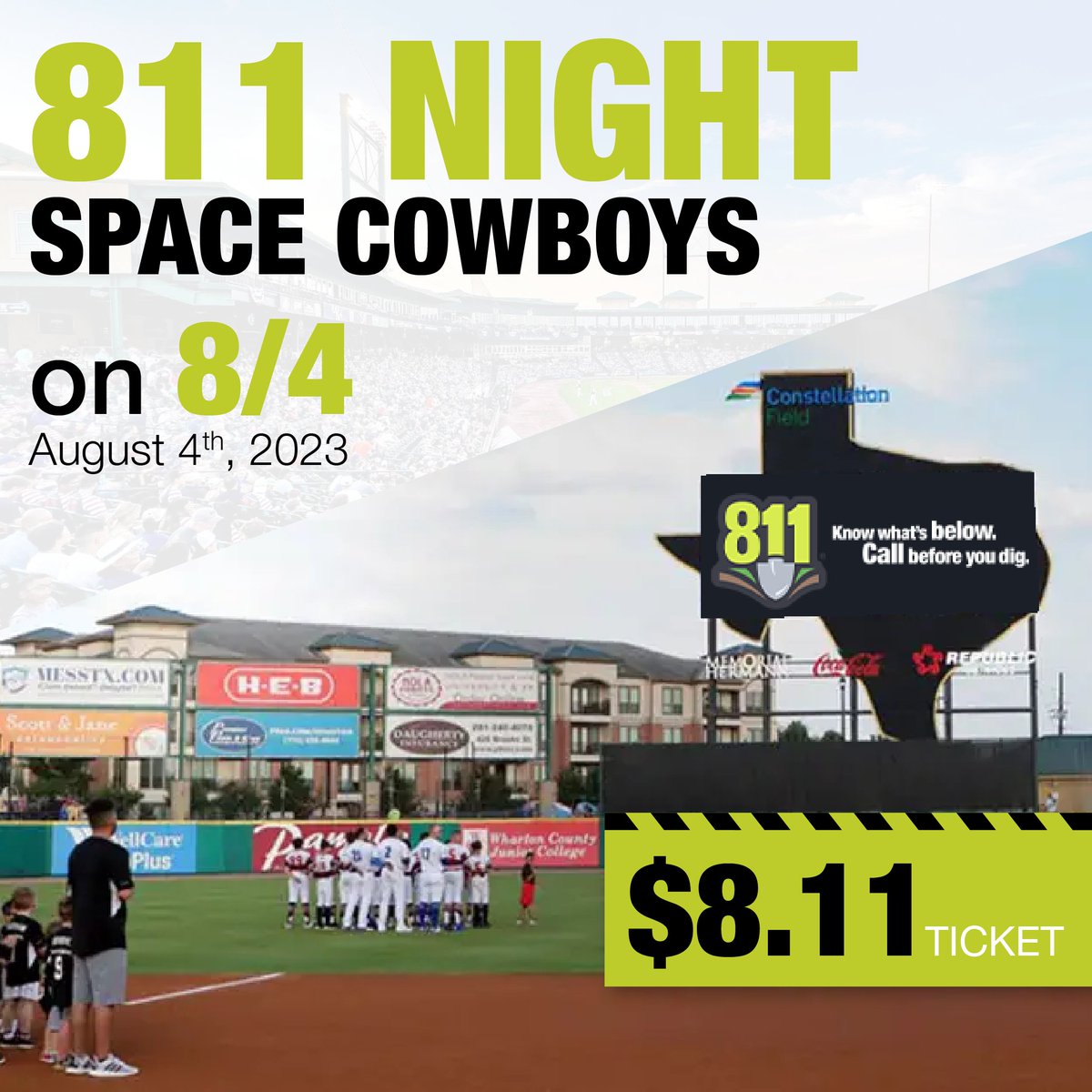 texas811's tweet image. It's almost #BaseballTime with #Texas811 and 
@SLSpaceCowboys.

Use Promo Code: 811

For more info about 811, visit: texas811.org/every-dig-coun…

#EveryDigCounts #KnowWhatsBelow #National811Day