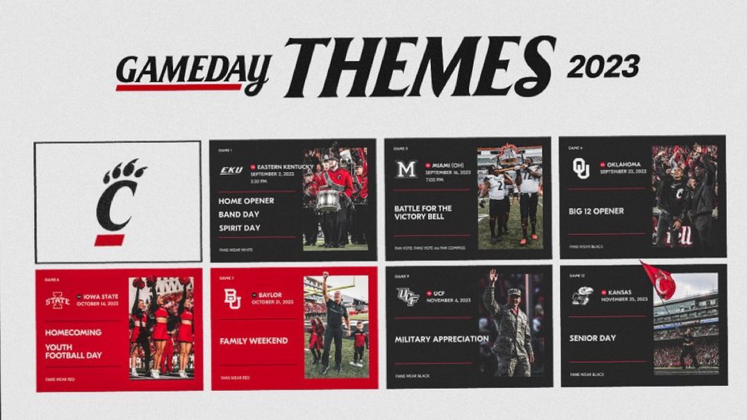 UCBarstool's tweet photo. GAME DAY THEMES ANNOUNCED 

Game 1 vs EKU: ⚪️White Out⚪️
Game 4 vs OU: ⚫️Black Out⚫️
Game 6 vs ISU: 🔴Red Out🔴
Game 7 vs BU: 🔴Red Out 🔴
Game 9 vs UCF: ⚫️Black Out⚫️
Game 12 vs KU: ⚫️Black Out⚫️ https://t.co/n6kMLHwVUa