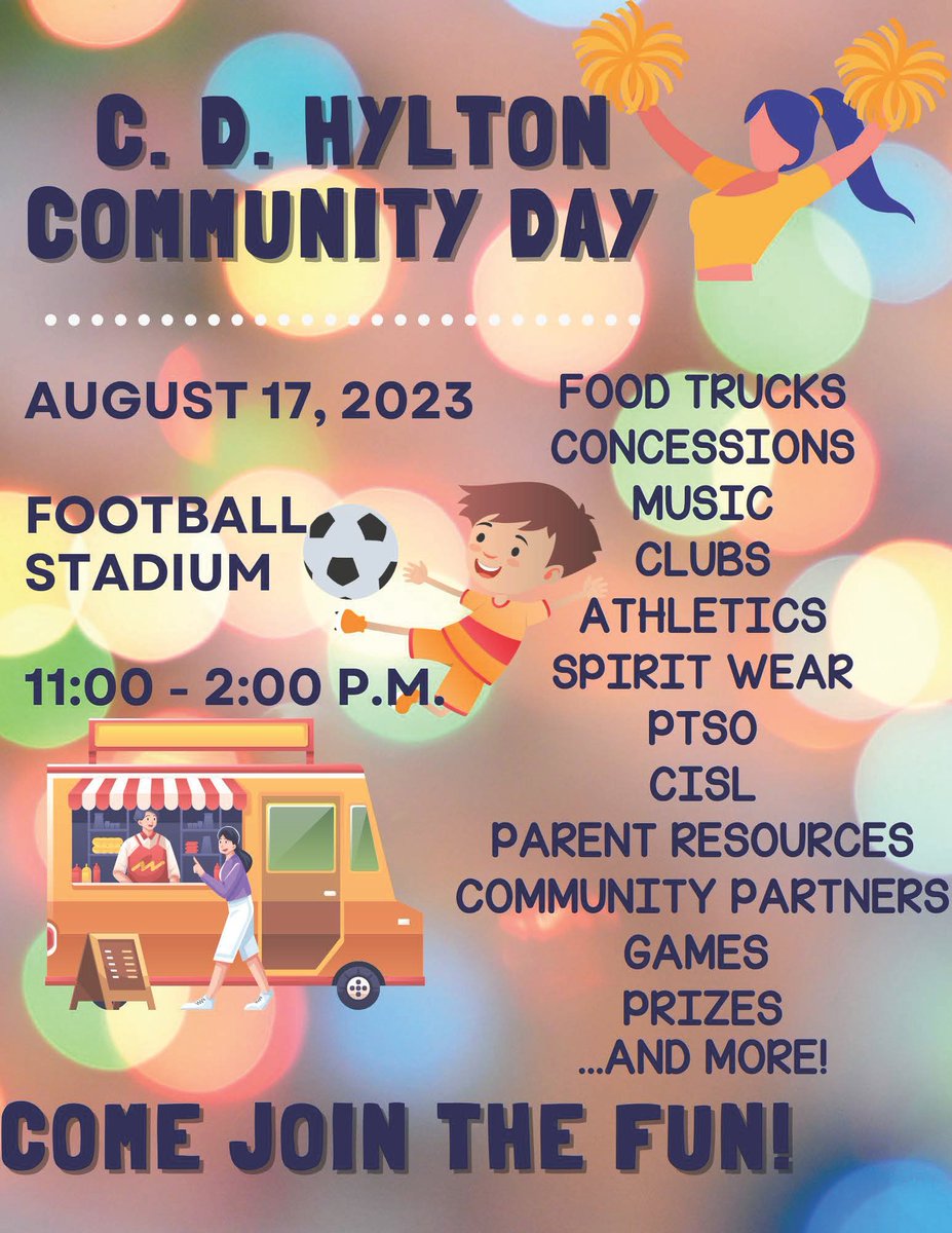 Community Day begins after orientation on 8/17 from 11-2.  Here's an opportunity to meet and see what Hylton has to offer to its students via clubs, activities, &amp; community partners. There will be food trucks, concessions, music, games, prizes, and more. We hope to see you there!