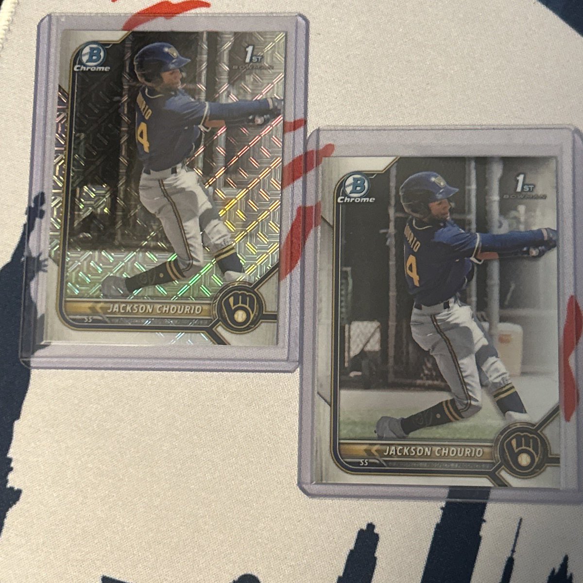 ASKShoreBreaks's tweet photo. @HotIceCards Jackson Chourio mega box first bowman mojo refractor and base chrome 1st - $40 shipped for both https://t.co/68yMRXLfIx