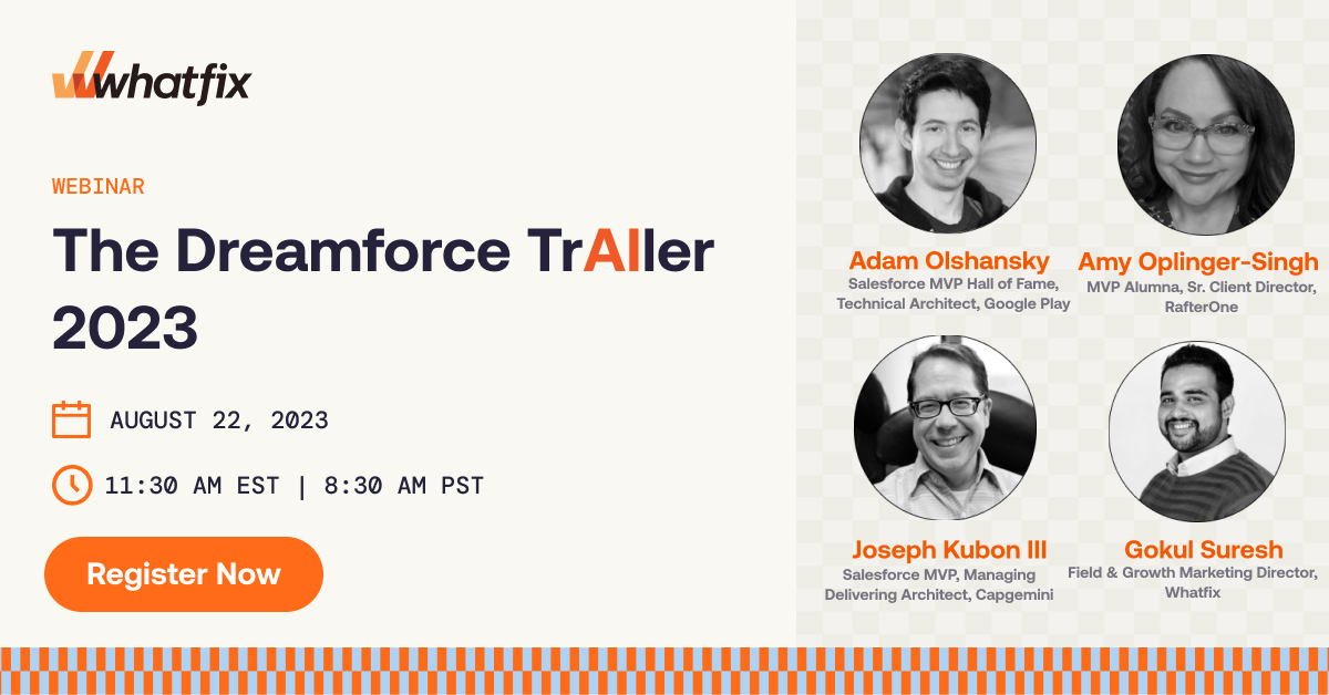You are invited to 'The #Dreamforce TrAIler 2023'! 💌
Join this #Whatfix #webinar and learn to make the most out of #Dreamforce2023 from the awesome #trailblazers <a href="/adam17amo/">Adam Olshansky</a>, <a href="/sforceROCKER/">Joseph Kubon (He/Him) ☮️❤️🌈🎶</a> &amp; Amy Oplinger Singh!

Register now: buff.ly/47m7lB4
#DF23 <a href="/Dreamforce/">Dreamforce</a> <a href="/salesforce/">Salesforce</a>