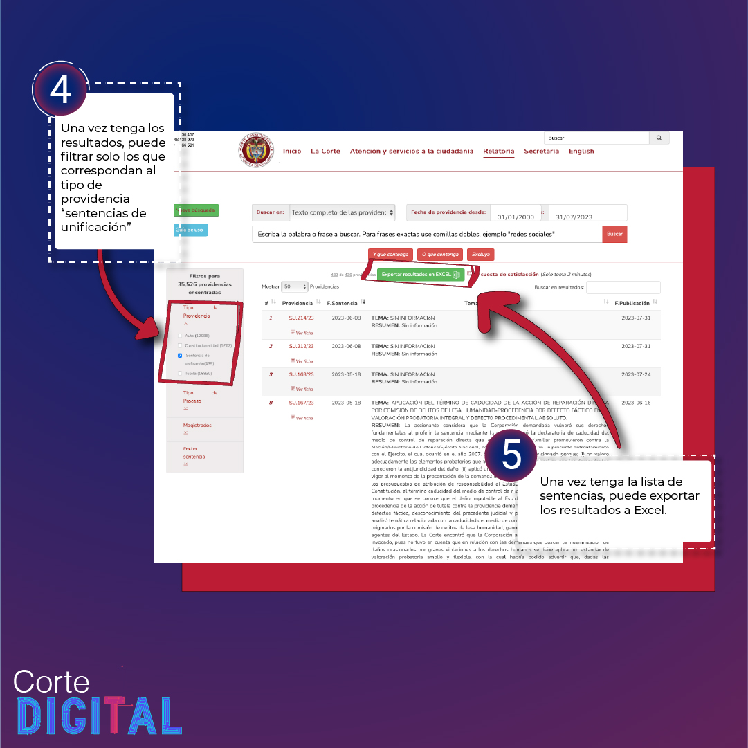 CConstitucional's tweet image. #CorteDigital | ¿Cómo buscar sentencias de unificación en el buscador de relatoría de la Corte?
