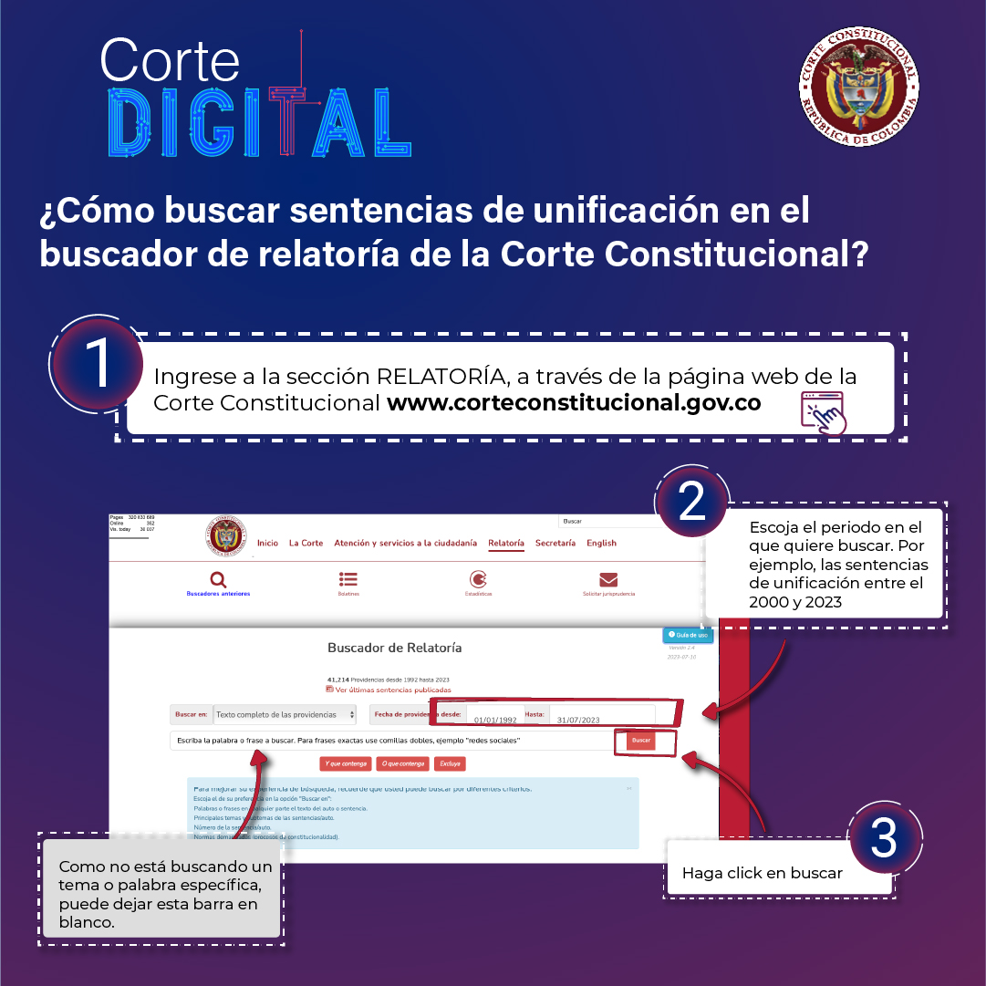 CConstitucional's tweet image. #CorteDigital | ¿Cómo buscar sentencias de unificación en el buscador de relatoría de la Corte?
