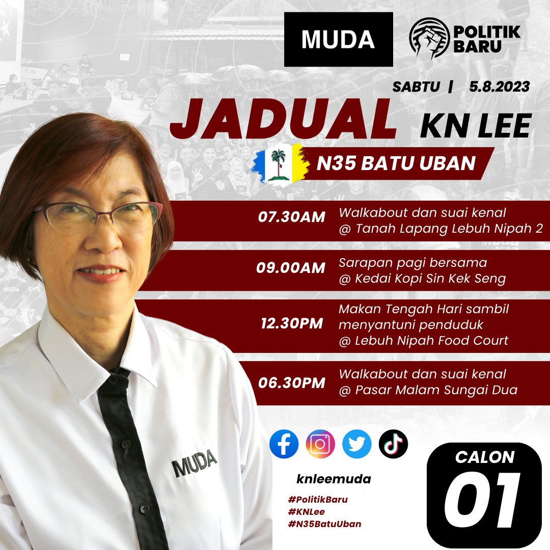 KNLeeMUDA's tweet photo. Inilah jadual saya untuk hari esok. Sabtu 5/8/2023.

Kalau terserempak, jangan lupa bertegur!

#PolitikBaru #KNLee https://t.co/DIjSRrxCfT