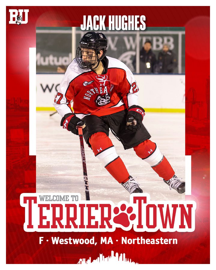 Graphic welcoming former Northeastern forward and Westwood, MA native Jack Hughes to Terrier Town. Includes photo of Jack skating for Northeastern.