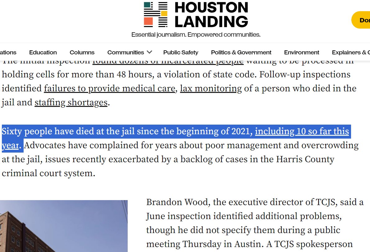 This is wild: In Houston - where the state is considering intervening - there were 10 jail deaths this yr in a population of ~9100. 

In Los Angeles, there were 26 in a population of 12,863.

That's a death rate of ~11 per 10,000 in Houston vs ~20 per 10,000 in LA.
