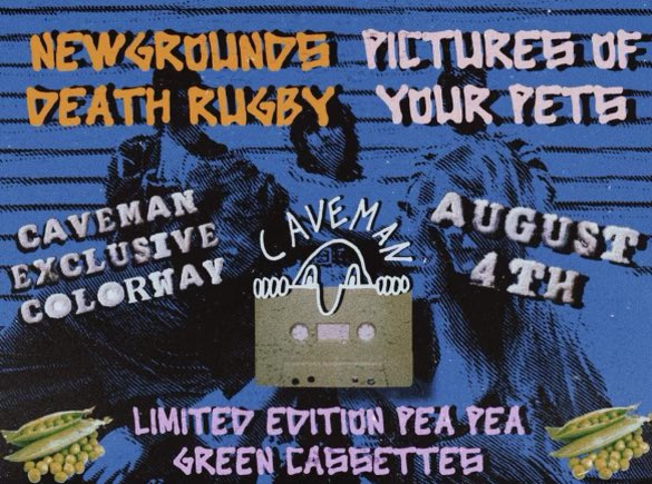 CavemanTapes's tweet photo. Our bandcamp Friday release of the @ngdeathrugby “Pictures of Your Pets” drops at noon! There’s only 20 of there bad bois so get em while ya can or you’re gonna be like “awwww man, I missed newgrounds tapes. This shit sucks.” https://t.co/czcMOpjaJC