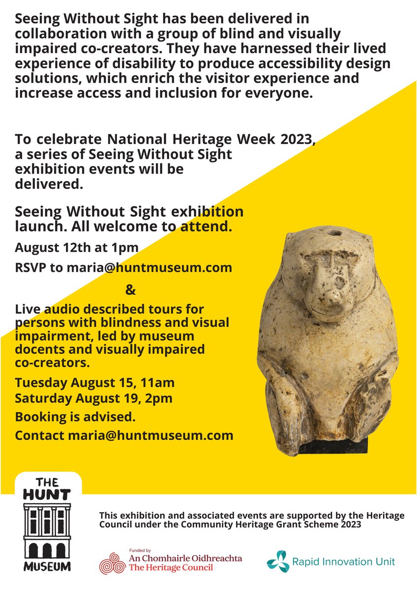 The Hunt Museum (@huntmuseum) on Twitter photo Join us for the launch of Seeing without Sight <a href="/HuntMuseum/">The Hunt Museum</a>.
1 pm
Saturday, 12th August
The Captains' Room
The Hunt Museum
All welcome to join. Please RSVP to maria@huntmuseum.com
#seeingwithoutsight @NCBI_sightloss <a href="/RIU_UL/">Rapid Innovation Unit</a> <a href="/HeritageWeek/">National Heritage Week</a> <a href="/HeritageHubIRE/">The Heritage Council</a> Join us for the launch of Seeing without Sight <a href="/HuntMuseum/">The Hunt Museum</a>.
1 pm
Saturday, 12th August
The Captains' Room
The Hunt Museum
All welcome to join. Please RSVP to maria@huntmuseum.com
#seeingwithoutsight @NCBI_sightloss <a href="/RIU_UL/">Rapid Innovation Unit</a> <a href="/HeritageWeek/">National Heritage Week</a> <a href="/HeritageHubIRE/">The Heritage Council</a>