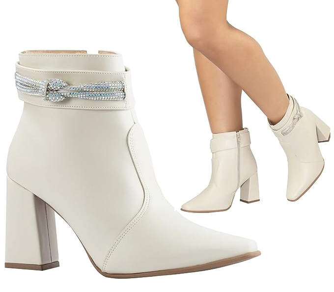 Bota Feminina Strass Bico Fino Salto Alto Grosso Confortável