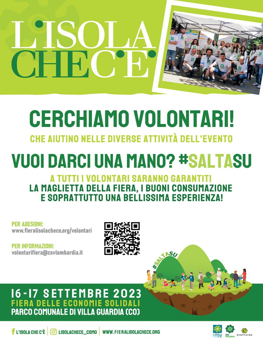 elettricarogeno's tweet photo. L'isola che c'è, la fiera delle economie solidali, cerca volontari per la sua 19ma edizione del 16 e 17 Settembre 2023 al parco Comunale di Villa Guardia (CO). 
#lisolachece #como #saltasu https://t.co/dw5Z2utVPL
