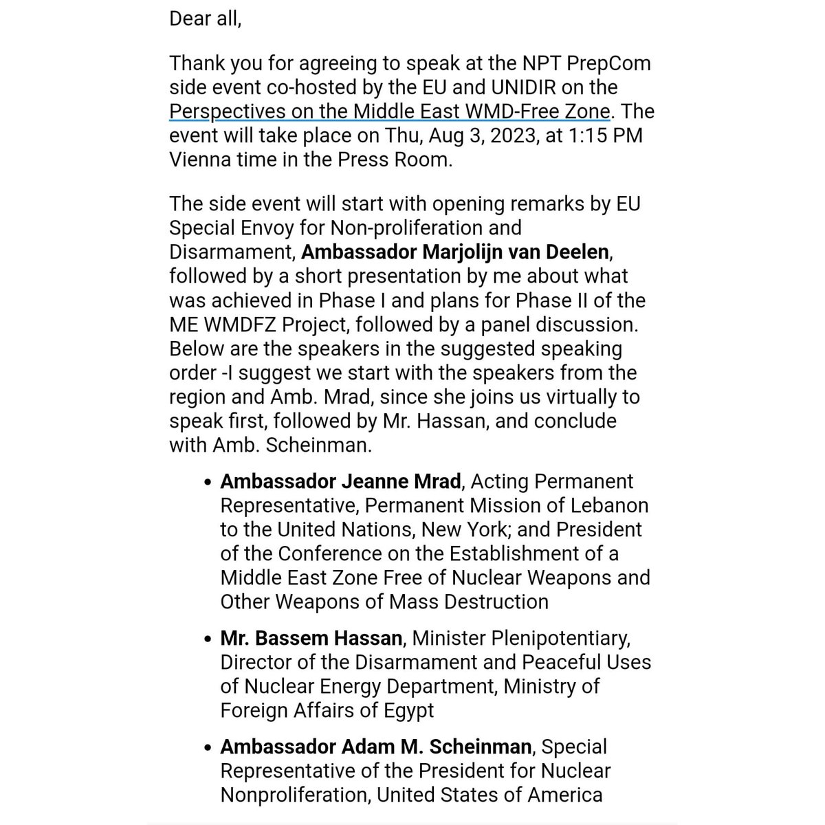 Perspectives on the Middle East WMD-Free Zone: 
Hybrid side event organized by UNIDIR on the margins of the NPT PrepCom held in Vienna, to kickstart the second phase of UNIDIR ME WMDFZ Project.