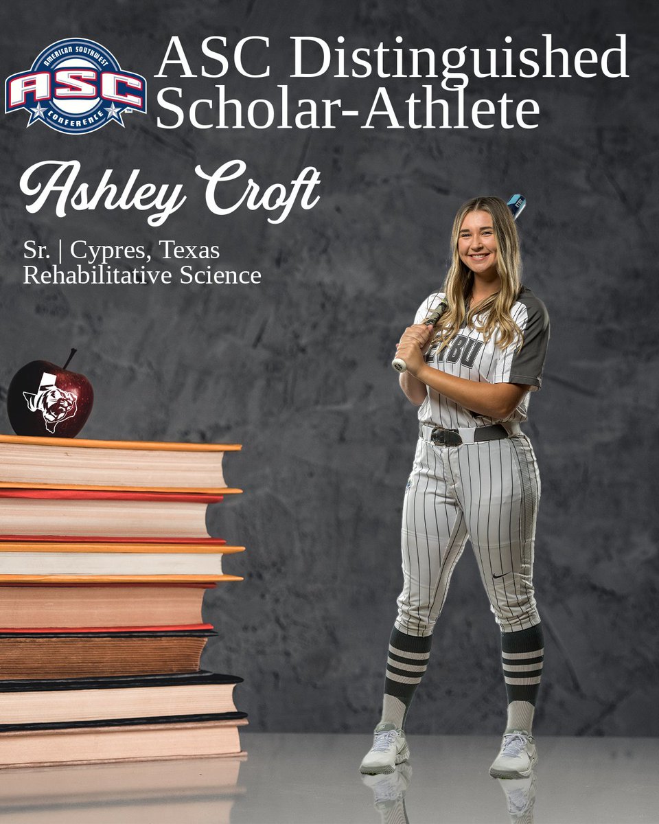 🏅 <a href="/ASC_sports/">American Southwest</a> Distinguished Scholar-Athlete🏅
🔘 <a href="/ashleycrofty/">Ashley</a> (Ashley Croft)
🔘7th ETBU SB Player to be voted Top Academic SA

⤵️⤵️⤵️
2021 | Hannah Garcia
2014 | Lacy Liles
2013 | Lya Swaner
2012 | Ashton Brey
2011 | Ashton Brey
2010 | Adrienne Meier

#TexasTigers #ETBU
