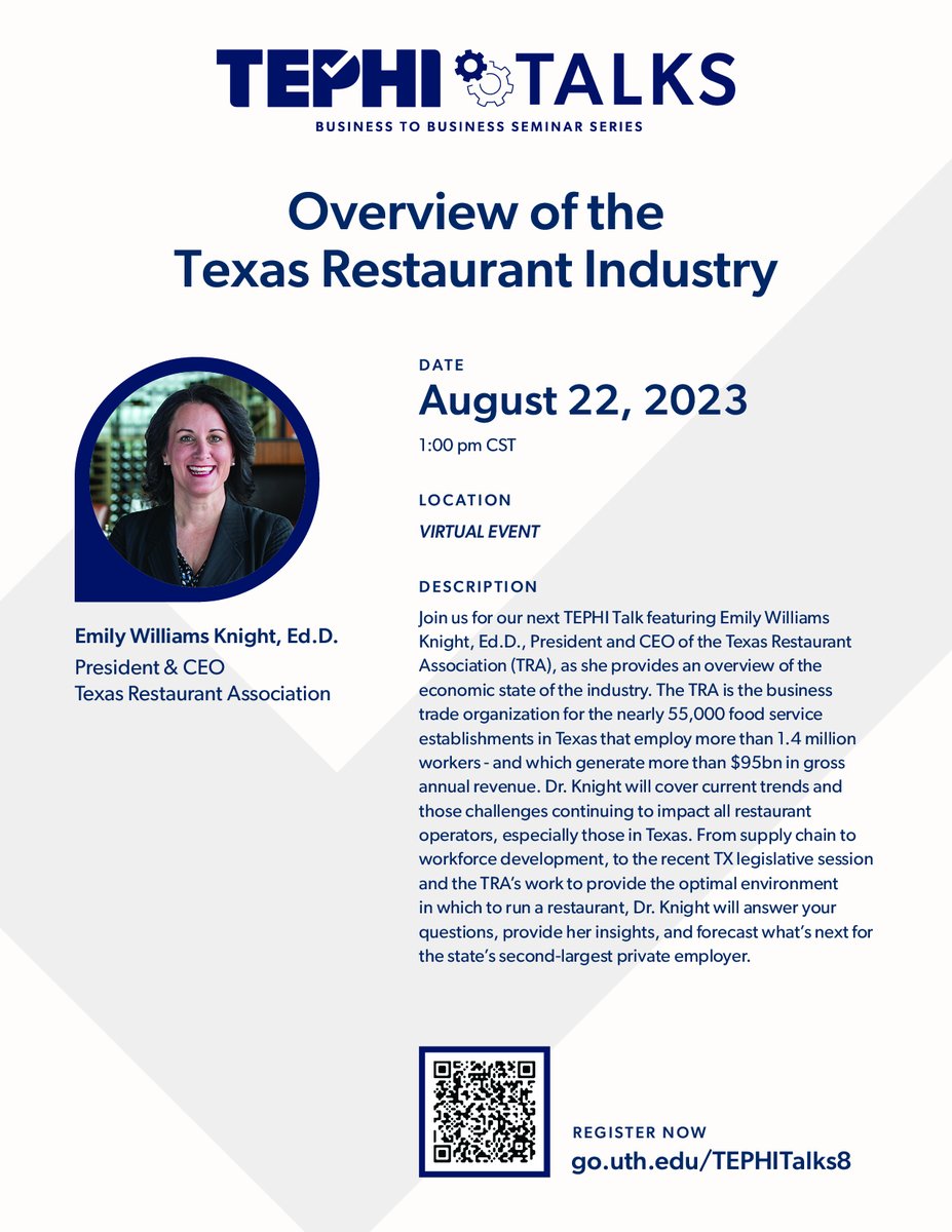 TEPHI_Texas's tweet photo. Hear how current challenges and trends are impacting the Texas restaurant industry during this presentation by Emily Williams Knight, President &amp; CEO of the Texas Restaurant Association. 
Register at https://t.co/BgmUl0OXvY
#TEPHI #TEPHITalks #TXRestAssoc https://t.co/F4RssPEwsy