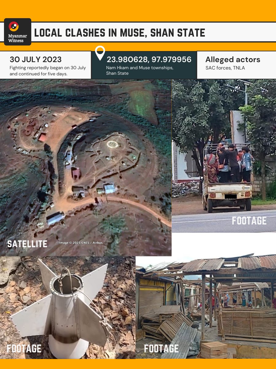 MyanmarWitness's tweet photo. 💥Local clashes
☑️23.980628, 97.979956
☑️Nam Hkam and Muse townships, Shan State
 30 July 2023

Fighting between SAC troops and Ta'ang National Liberation Army (TNLA) has been reported at 105th Mile trade station, between Nam Hkam and Muse townships.

Fighting reportedly began on 30 July. MW has been unable to verify if it is ongoing.

Myanmar Witness geolocated a Military camp, from which it was claimed the SAC used heavy weapons.

A  civilian was allegedly wounded and SAC personnel were killed during the clashes on 2 August. The TNLA also reportedly seized weapons and ammunition near Loi Tay Murng mountain, close to Selan village. MW geolocated footage showing the mountain (23.928781, 97.853697) which is situated between Muse and Nam Hkam township.

Sources
https://t.co/2kwtorvvFE

https://t.co/yScseHWgh4

https://t.co/dLXXVE7jpm

#WhatsHappeningInMyanmar #Myanmar