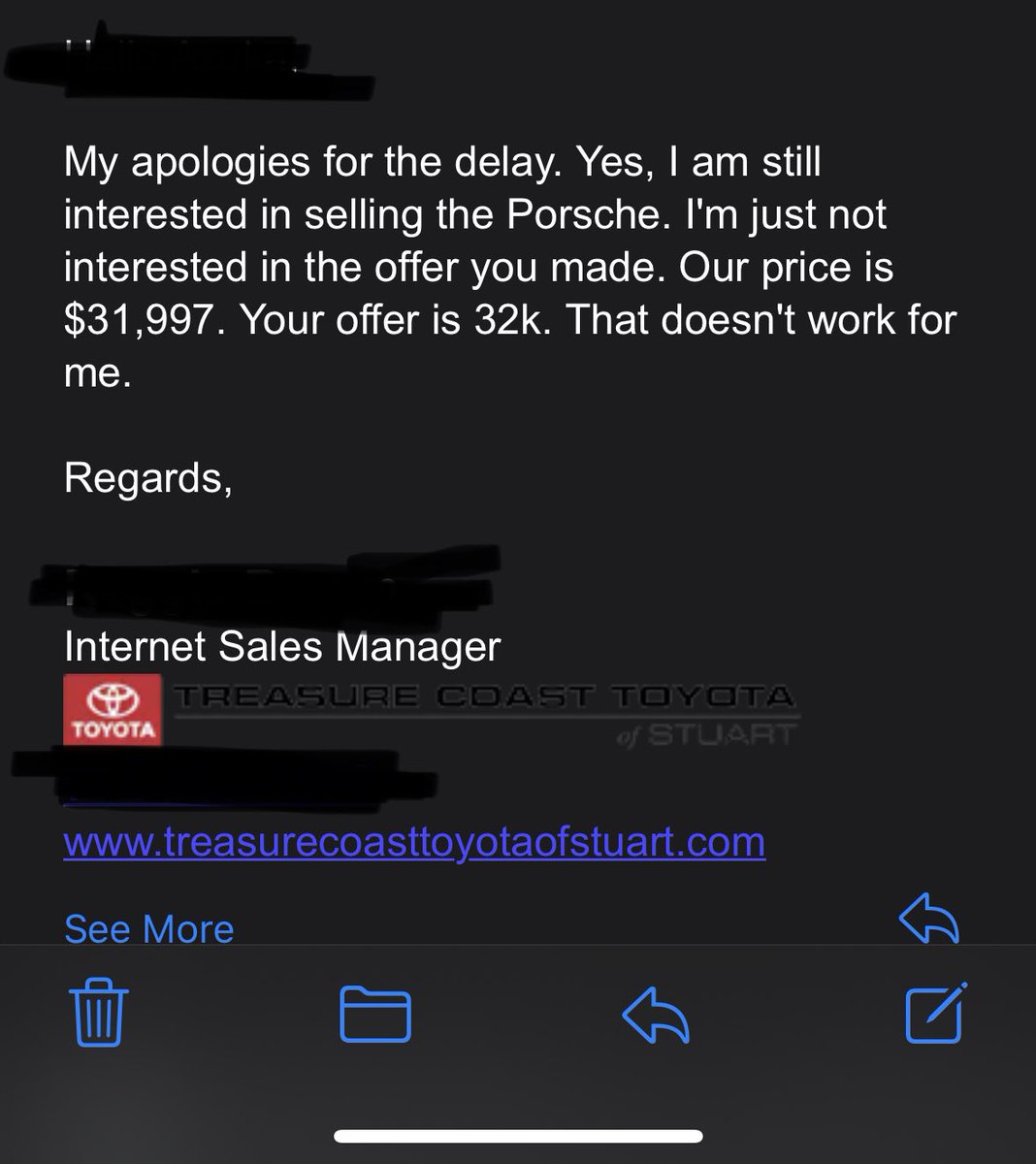 mr_lvb's tweet photo. @TreasureToyota so what you’re telling me is, you won’t accept my offer because you want to make a profit from hidden fees. Why not list the car for your actual price? It’s 2023, stop these shady practices. https://t.co/J8oKNfDi5T