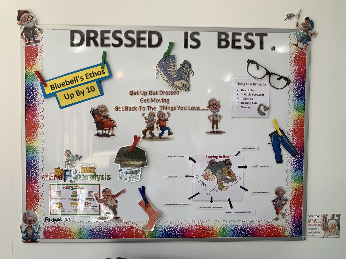 We have a new initiative on Bluebell alongside dressed is best- #upby10- this is an MDT approach to ensure all patients that can are up, dressed and moving by 10. Thank you to our fantastic therapy assistant, Laura, for updating our board #endpjparalysis