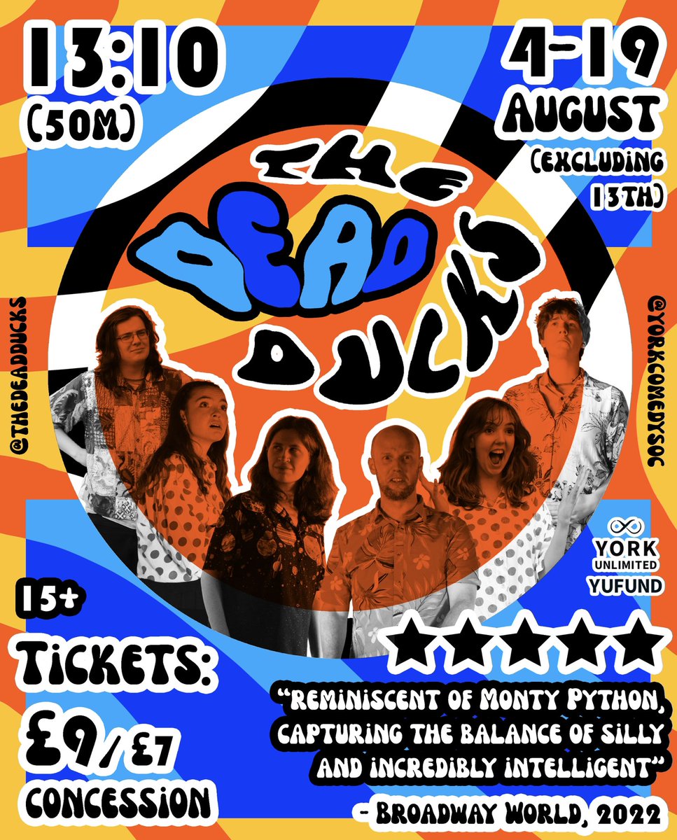 After a 5 Star Review last year, The Dead Ducks are back and wackier than ever at #edfringe with another whimsical smorgasbord of sketches! 🦆🦆🦆

1:10pm 4th-19th (excl. 14th) Aug
TheSpace @ Surgeons Hall
#FillYerBoots
#TweetTheMedia