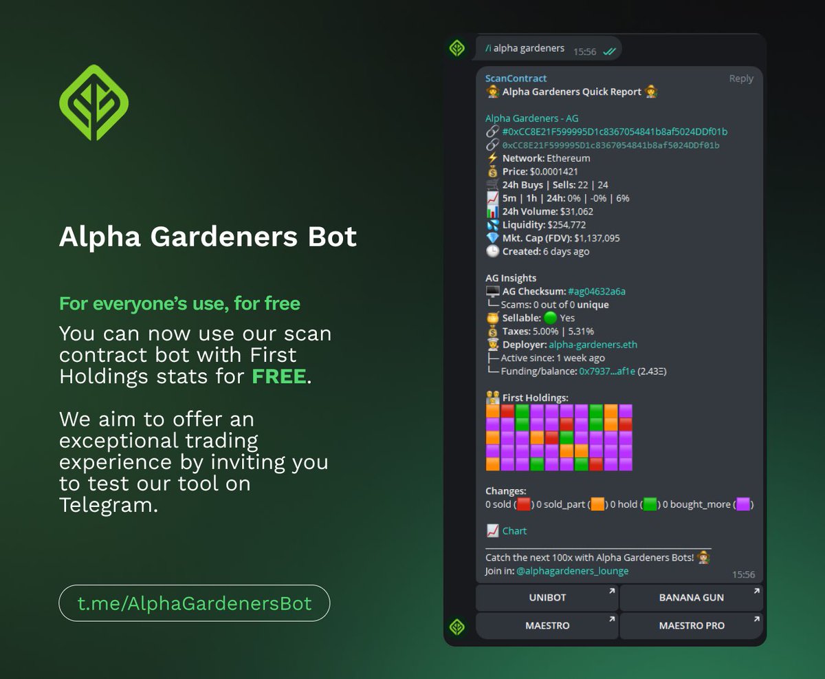 Our Alpha Gardeners bot is now publicly available for everyone’s use, for FREE 🌱

We aim to offer an exceptional experience, which provides you access to powerful information at a glance when trading 🎯

🏆 Cultivate success by inviting the bot into every Telegram trading group