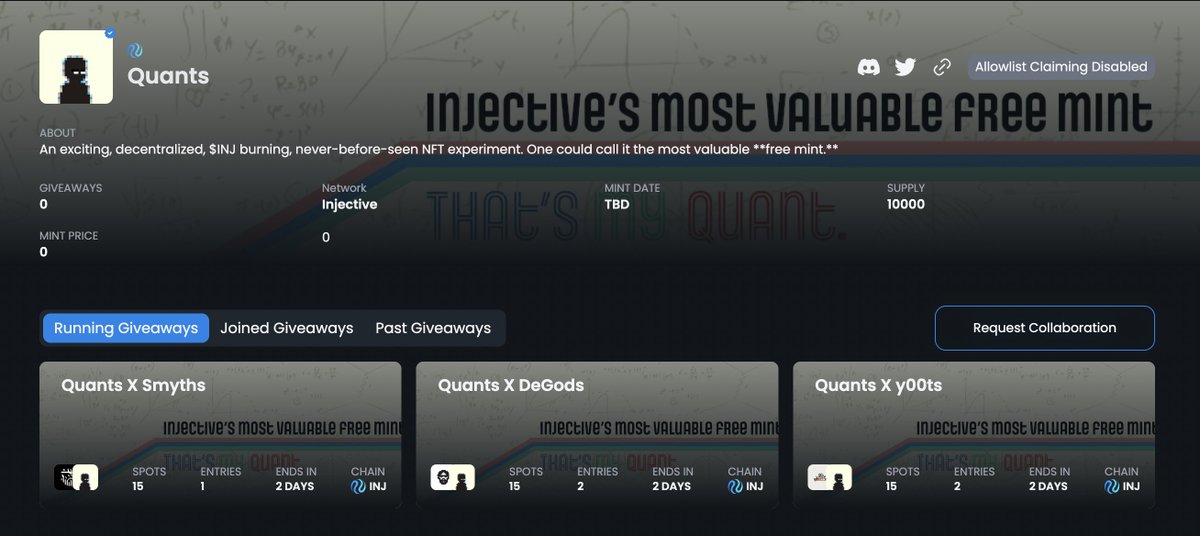 Quants is now live on <a href="/BlocksmithLabs/">Blocksmith Labs</a>'s Atlas3, and project collaborations are now open! 

We are happy to welcome <a href="/SmythsNFT/">Smyths</a>, <a href="/DeGodsNFT/">DeGods</a>, and <a href="/y00tsNFT/">y00ts</a> to the most innovative free mint on $INJ! 

Apply for project allocations below👇