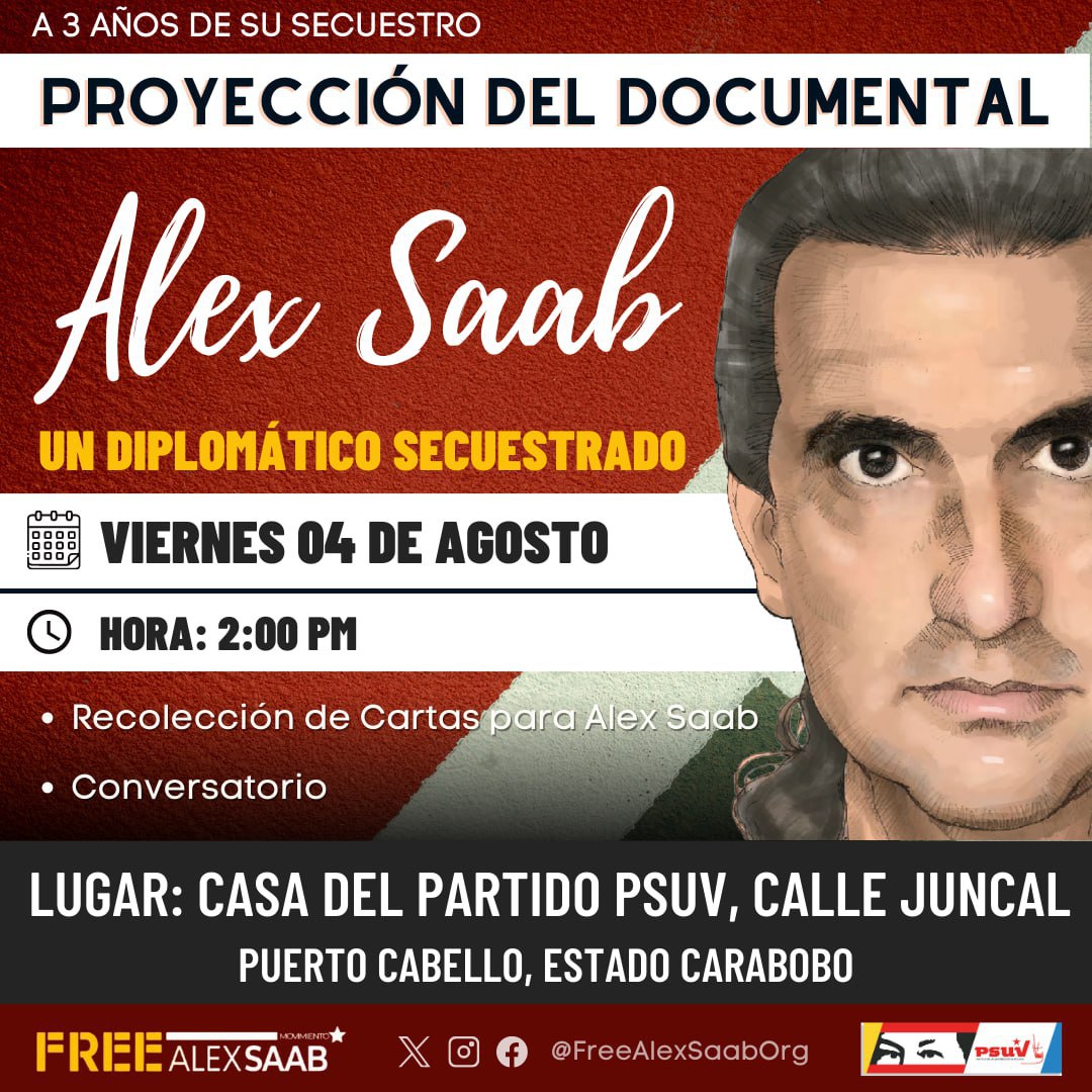 AitanaCorcega's tweet photo. Safety pin! In Puerto Cabello #Carabobo Screening of the documentary "Alex Saab, a kidnapped diplomat", collection of letters for the diplomat and conversation.
🗓️ #4Aug
📍 House of @PartidoPSUV
🕓 2:00 p.m.
@JoeBiden @SecBlinken
@StateDept
#FreeAlexSaab
#GNBArmadosDePaz https://t.co/fd8TMgN3nf