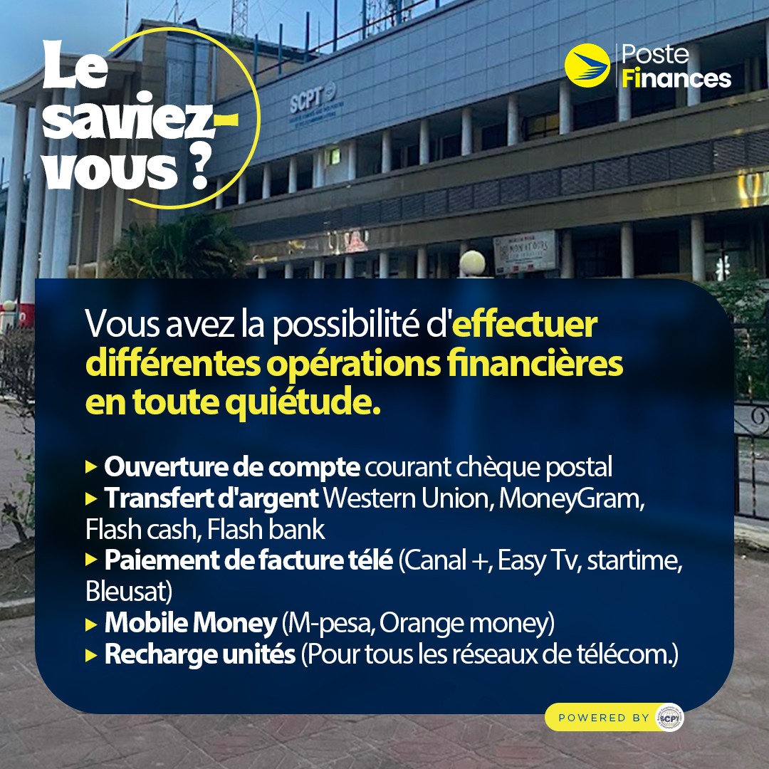 rdc_poste's tweet image. Le saviez-vous ?

À l&apos;hôtel de Poste, vous avez la possibilité d&apos;effectuer différentes opérations financières en toute quiétude.

Notre adresse : 

📍1009, Boulevard du 30 Juin, Kinshasa - Gombe.

#PosteFinances
#ServicesFinanciers
#Securité #SCPT