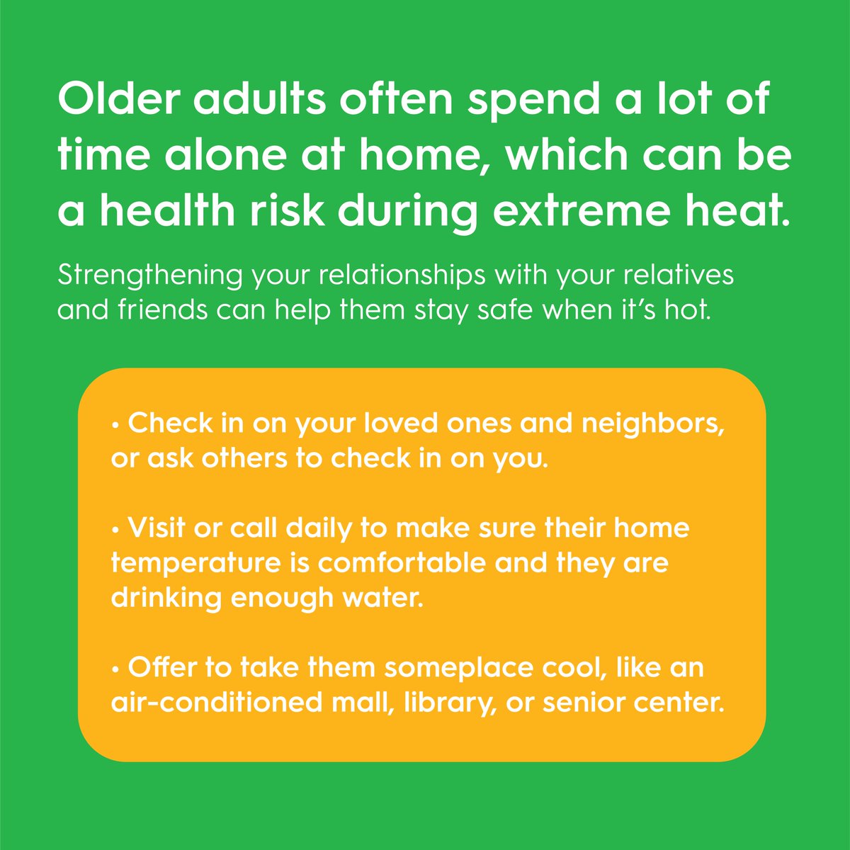 Older adults are at higher risk from extreme heat. Here are some tips to keep yourself and older adults in your life cool and healthy when it’s hot. #HeatSafeLA #HeatRelief4LA #CAwx #LAHeat
