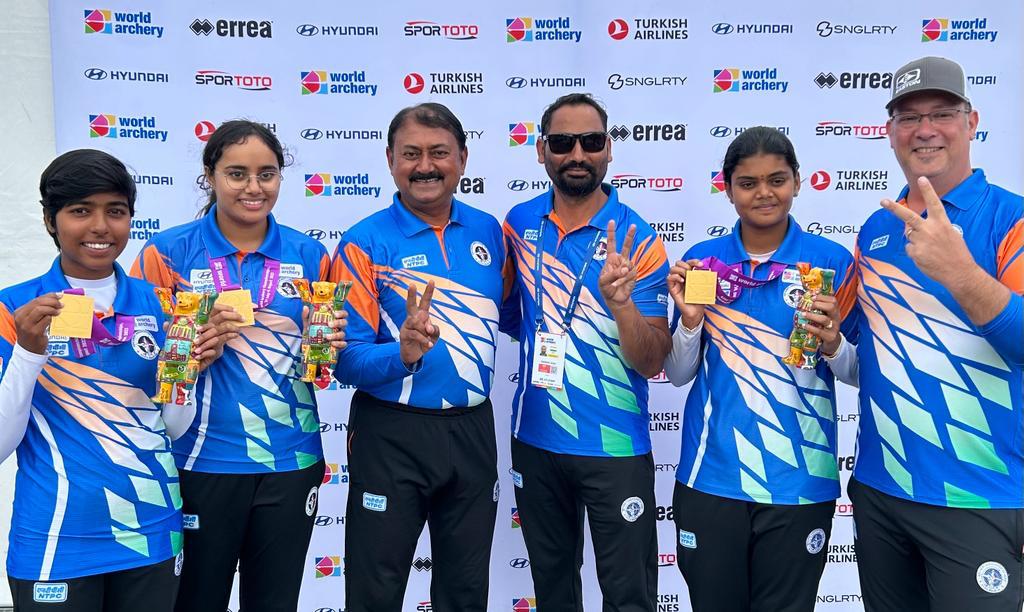 CBC_Amritsar's tweet photo. Congratulations to the #Indian compound #archers, #Parneet Kaur, #Jyoti Surekha and #Aditi Gopichand Swamy, on their historic victory at #WorldArcheryChampionship in #Berlin!
Their achievement reciprocates their efforts in winning #1st #gold medal and title of World Champions. https://t.co/8eSNGJQ9JA