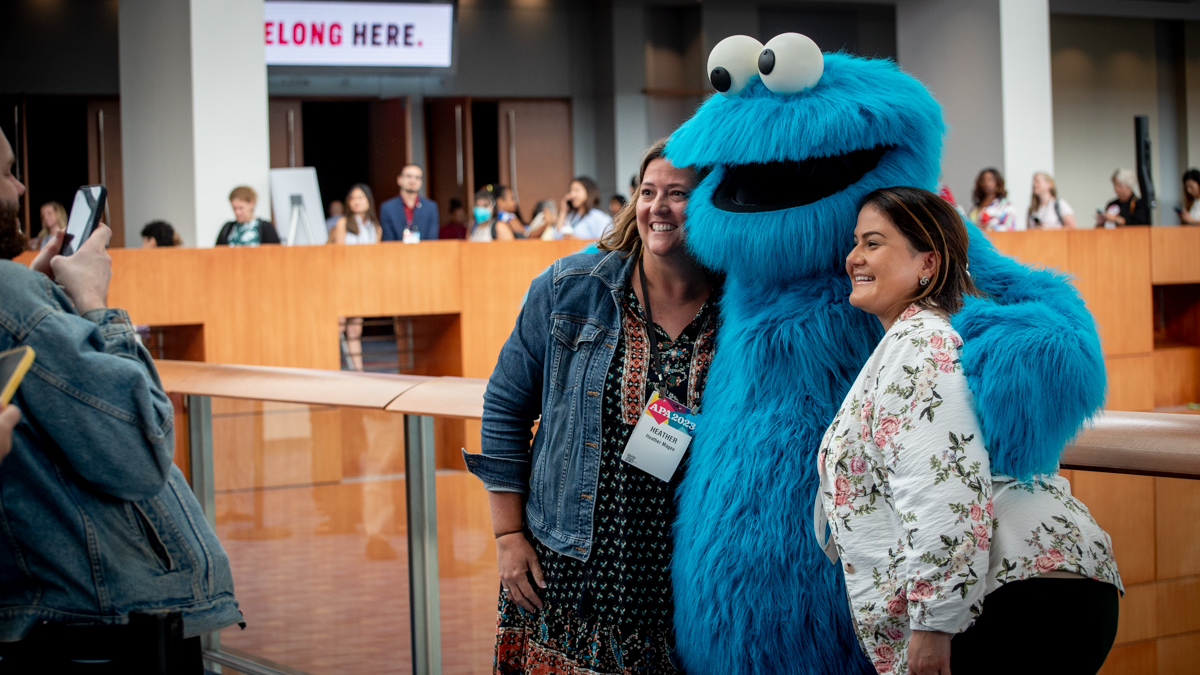 APA's tweet photo. Surprise! A very special guest is joining #APA2023 to help spread today's message of belonging. Say hi if you get the chance! #YouBelongHere https://t.co/HwGkdDvWLl