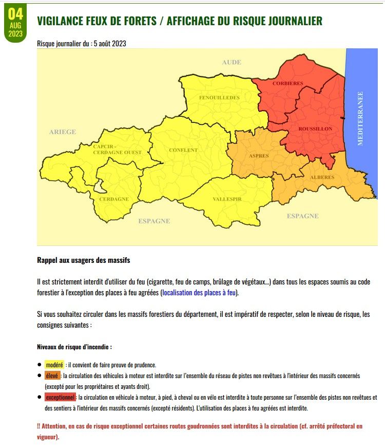 Prefet66's tweet photo. #RisqueIncendie pour demain. Le risque est :
➡️ exceptionnel pour les zones #Corbieres #Roussillon 
➡️ élevé pour les zones  #Aspres #Alberes 
➡️ modéré pour les autres zones.
⚠️ soyez vigilants pour éviter un départ de 🔥
➕️ infos https://t.co/0XET62eQHW https://t.co/csn2vO55zm