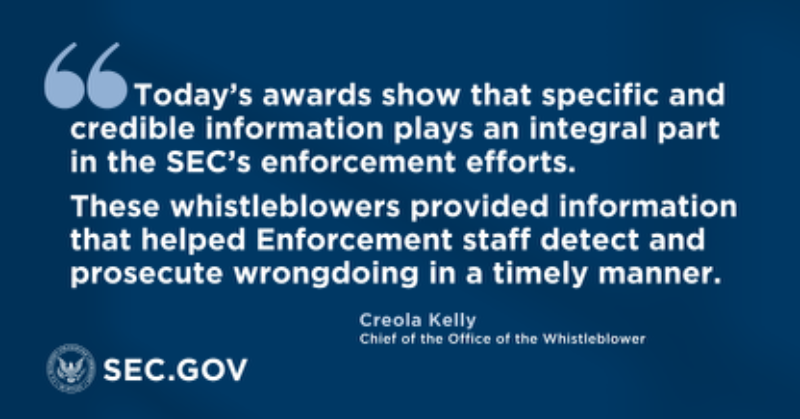 SECGov's tweet photo. Today we announced awards of more than $104 million to seven individuals whose information &amp; assistance led to a successful SEC enforcement action &amp; related actions brought by another agency. 

The combined award is the fourth largest in the SEC’s whistleblower program’s history.