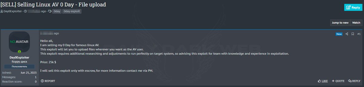 Allegedly, 0day for popular Linux AV is on sale

The alleged exploit allows you to upload files wherever you want.

Price: $25,000

#DarkWeb #0day #linux