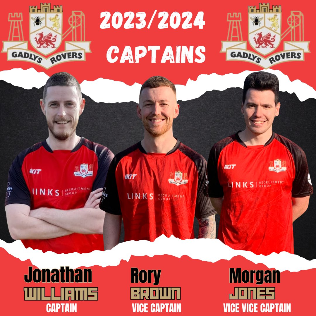 With the 2023/2024 season 8 days away we have announced our Captains for the season ⚽️

Captain - Jonathan Williams
Vice Captain - Rory Brown
Vice Vice Captain - Morgan Jones

#UppaGadlys 🔴⚫️